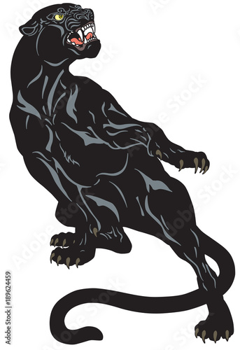 Angry black panther. Attacking pose . Tattoo vector illustration