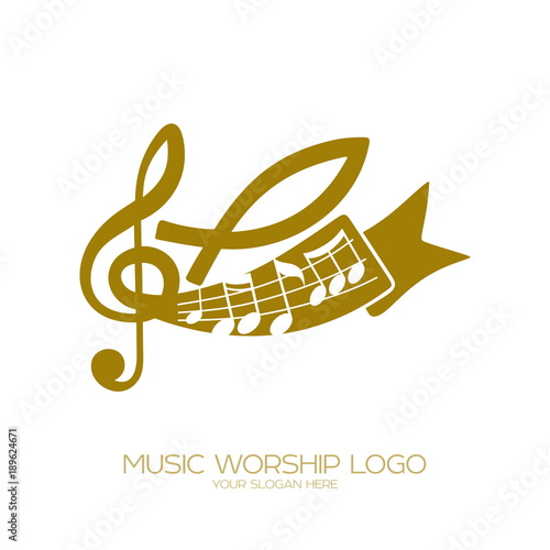 Music logo. Christian symbols. Notes, a treble clef and a fish - a symbol of Jesus
