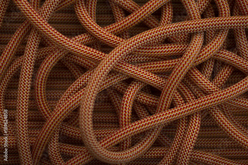 Rock climbing rope laid out on ground good for background texture