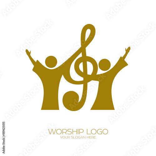 Music logo. Christian symbols. Believers in Jesus sing a song of glorification to the Lord