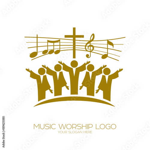 Music logo. Christian symbols. Believers in Jesus sing a song of glorification to the Lord