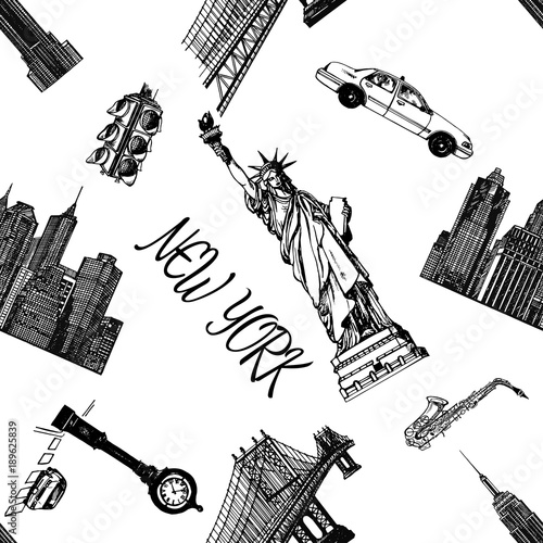Seamless pattern of hand drawn sketch style New York themed isolated objects. Vector illustration.