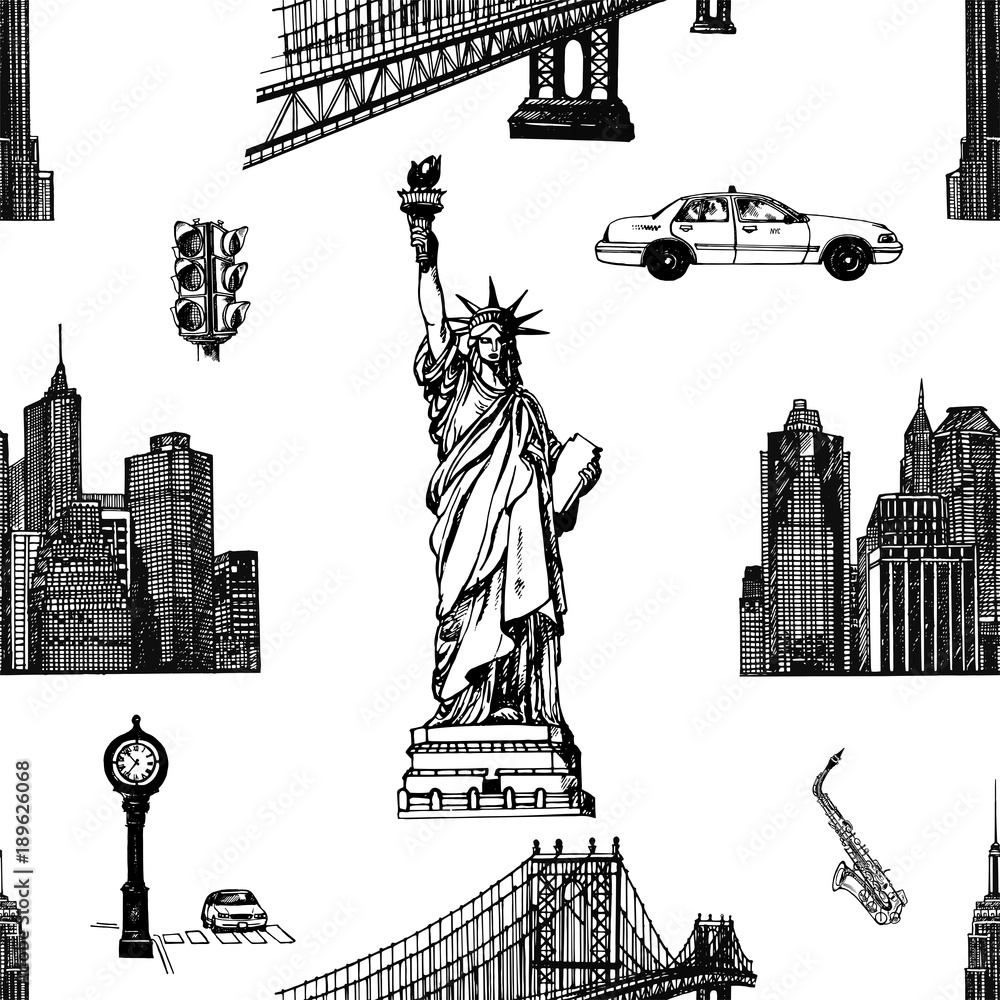 Seamless pattern of hand drawn sketch style New York themed isolated ...