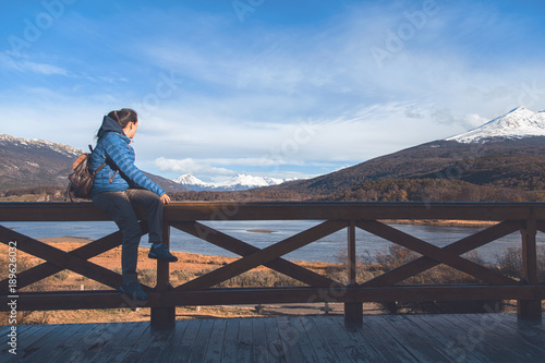 Obraz na płótnie Woman looking at Tierra de Fuego National Park in Ushuaia Argentina w salonie
