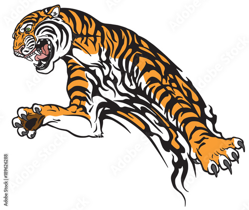 tiger in the jump. Aggressive big cat . Tattoo style vector illustration