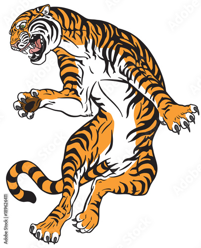 angry tiger in the jump. Tattoo style vector illustration