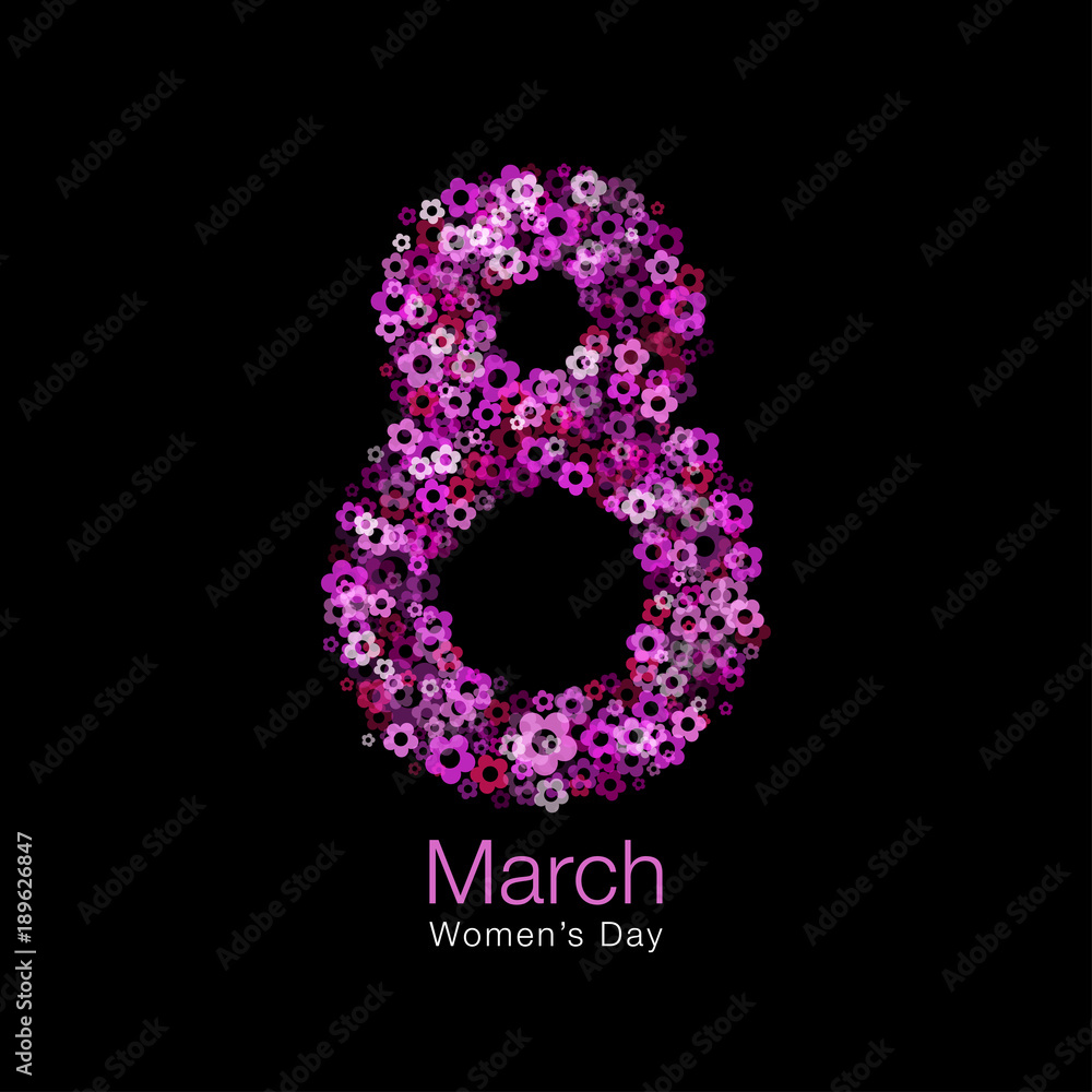 March 8 - Womens Day light design of greeting card template. Symbol of International Women's day with bright glow red purple pink flower petals isolated on black background. Vector illustration.