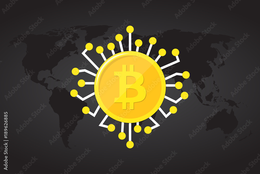 Naklejka premium Golden bitcoin digital currency on world map, futuristic digital money, technology worldwide network concept, vector illustration