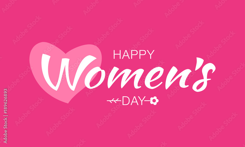 White happy Womens Day typographic lettering on pink red background with heart and flower. Vector Illustration of a Women's Day card.
