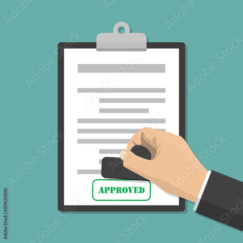 Hand stamping. Notary approving a documents. Vector illustration in flat style