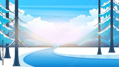 Winter rural landscape background. Vector illustration.