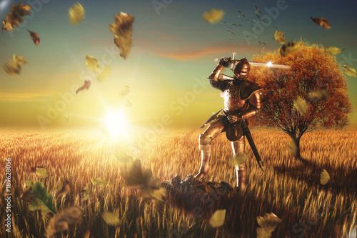 Medieval knight in a field at sunset. 3D illustration. © brunogm