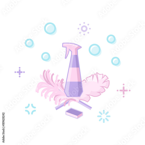 Cleaning company emblem or logo with spray, sponge and bubbles template for logo or poster. For cleaning company logo or poster. Isolated on white background line art style illustration.