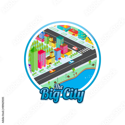 big city isometric real estate realty cartoon logo template