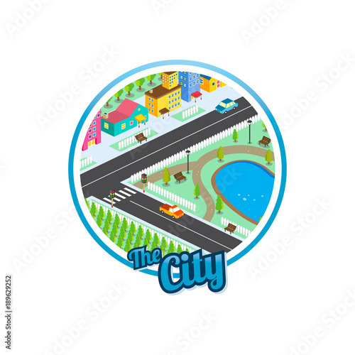big city isometric real estate realty cartoon logo template