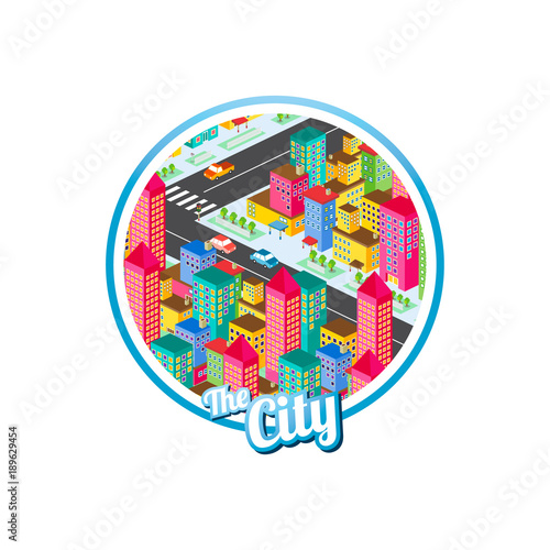 big city isometric real estate realty cartoon logo template
