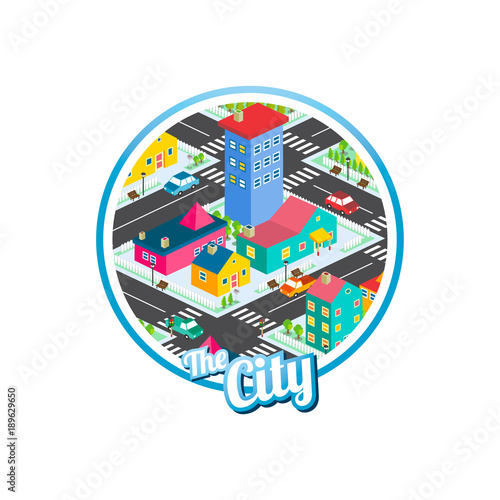big city isometric real estate realty cartoon logo template