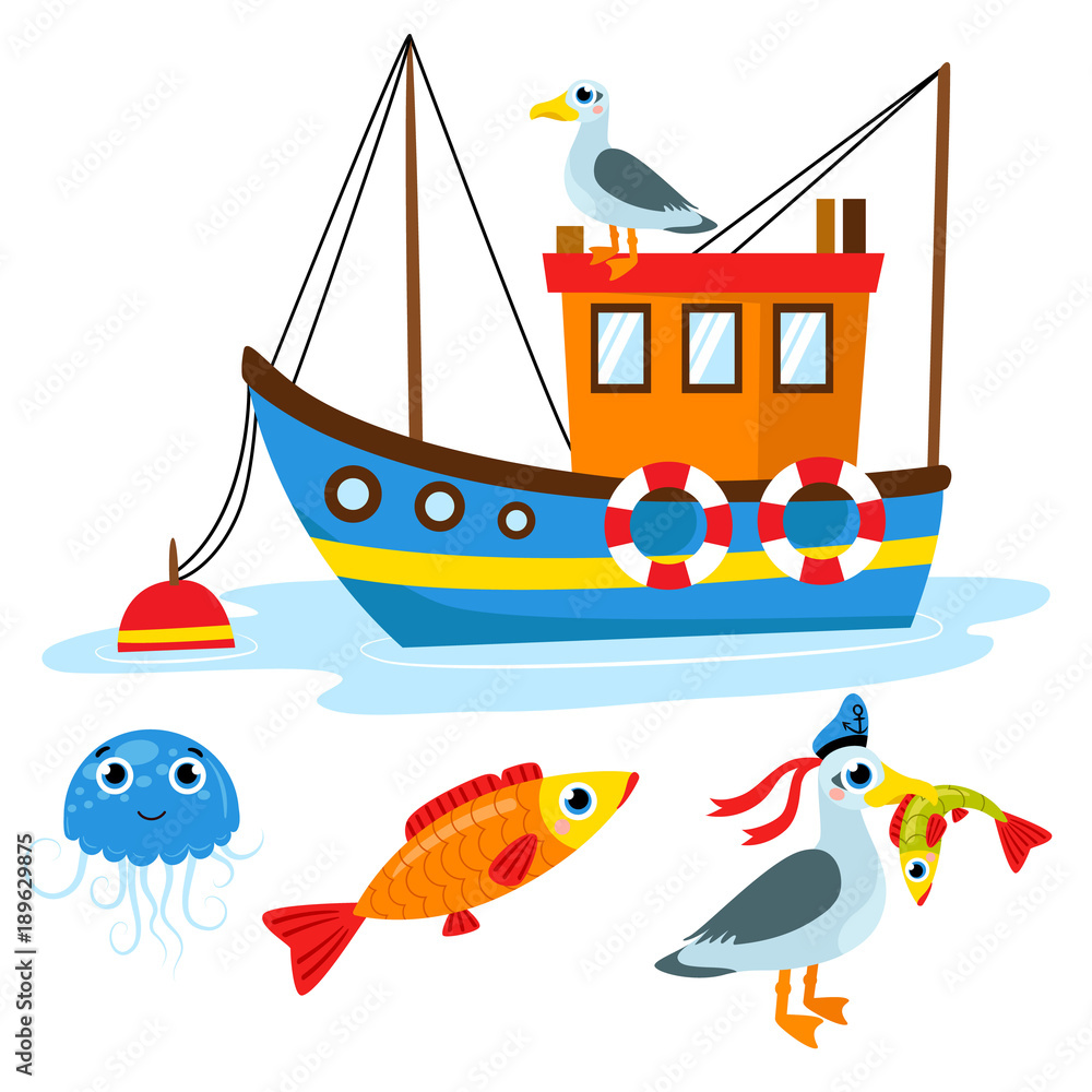 Vettoriale Stock Set of boat, fish, seagull, jellyfish and boat. Vector  flat cartoon illustration | Adobe Stock