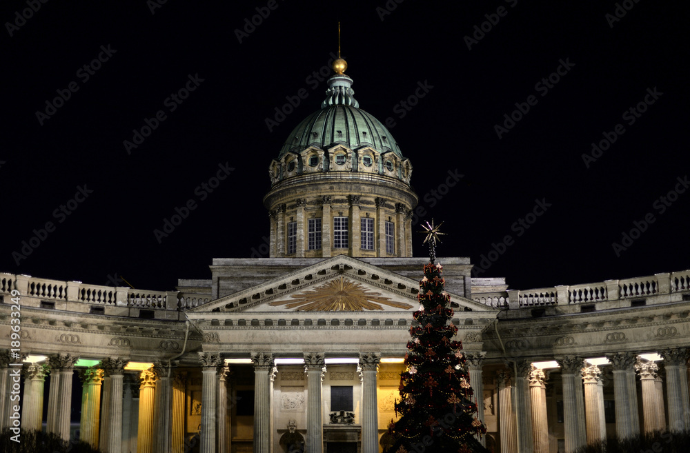 Kazan Cathedral in St. Petersburg by night.
