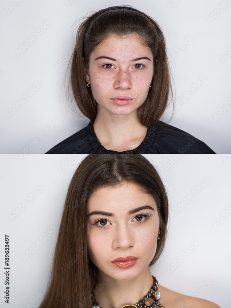 Comparison portrait young beautiful woman without and with makeup  cosmetics. Nude natural beauty make up. Real result without retouching. Set  of two pictures of the same young girl, putting on make-up Photos