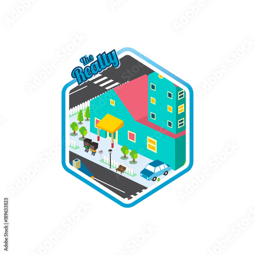 big city isometric real estate realty cartoon logo template