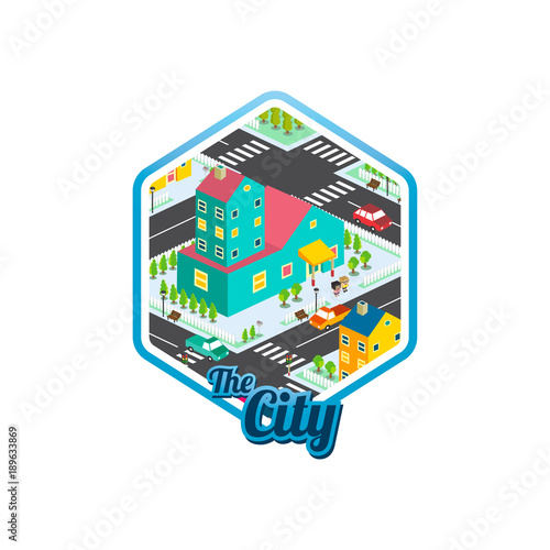 big city isometric real estate realty cartoon logo template