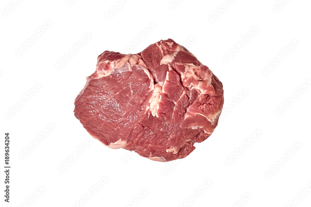 Fresh raw beef steak isolated on white background, top view.