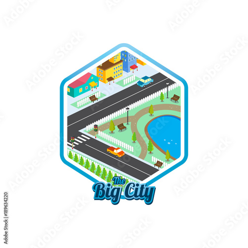 big city isometric real estate realty cartoon logo template