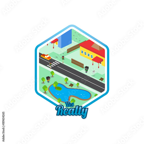 big city isometric real estate realty cartoon logo template