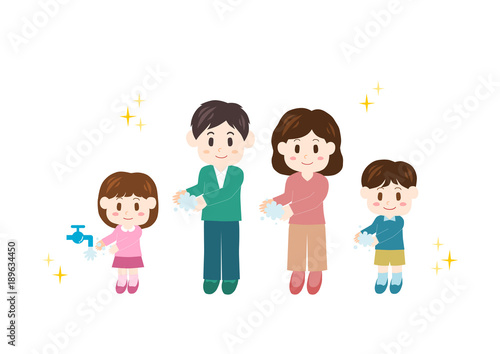 手を洗う家族のイラスト: 風邪・インフルエンザ予防