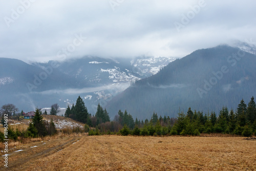 Beautiful view with morning fog in early spring, in Carpathian mountains, in Transylvania, Romania photo