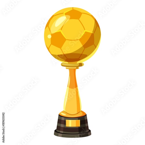 Golden soccer trophy cup icon, cartoon style