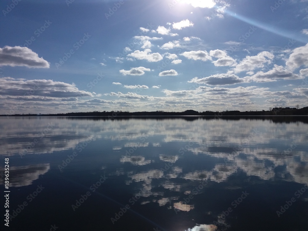 Mirror view of the lake Galadus in summer day. Poland - Lithuania border. North-eastern europe, sunny day, wild nature.