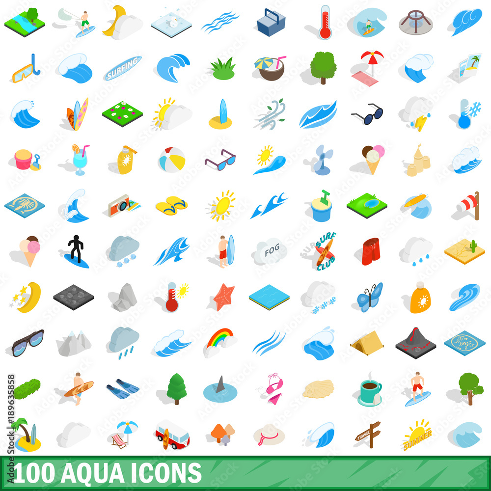 100 aqua icons set, isometric 3d style