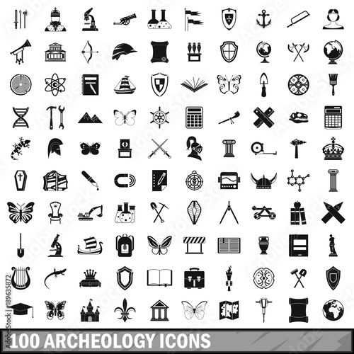 100 archeology icons set, simple style 
