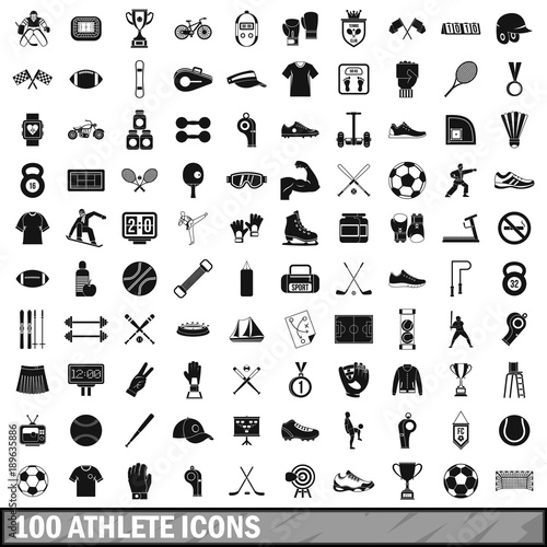 100 athlete icons set, simple style 