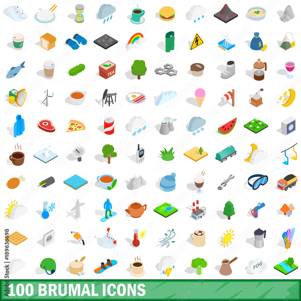 100 brumal icons set, isometric 3d style