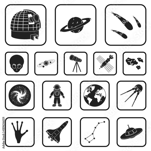 Space technology black icons in set collection for design.Spacecraft and equipment vector symbol stock web illustration.