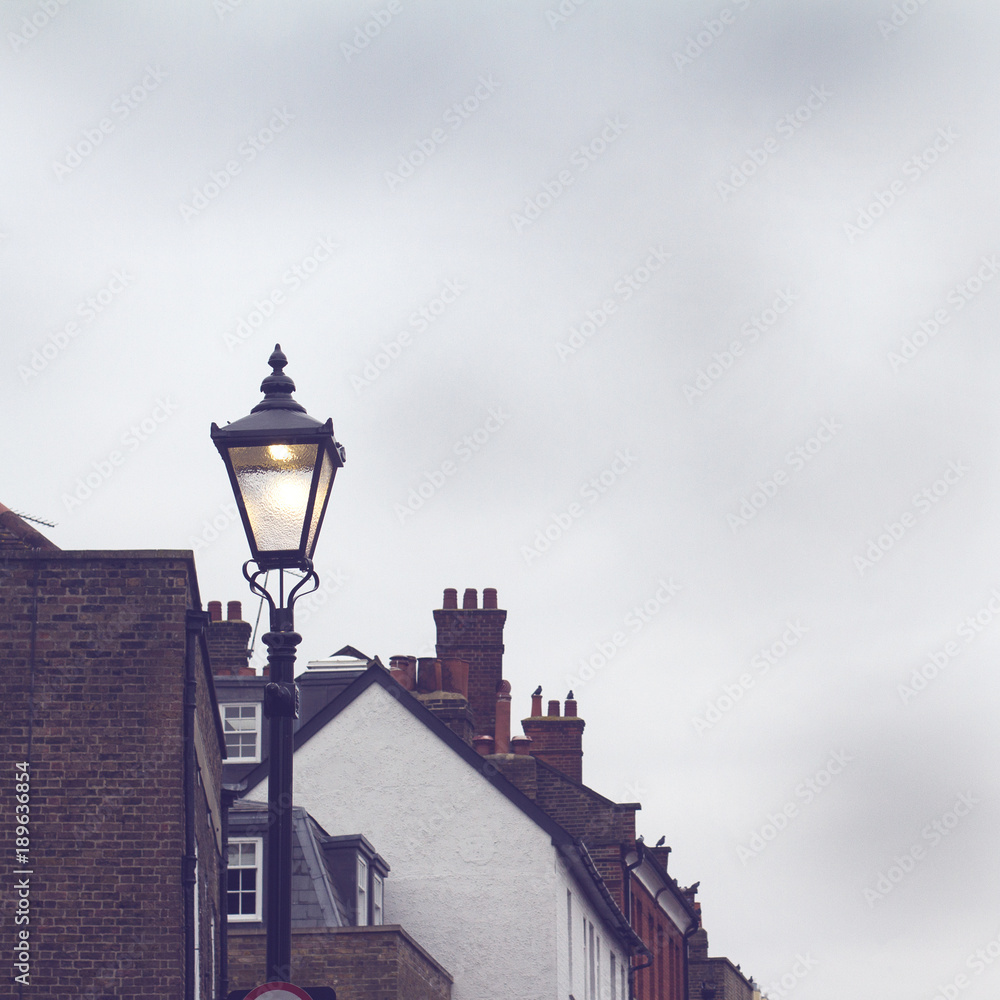 detail of English town with street lantern