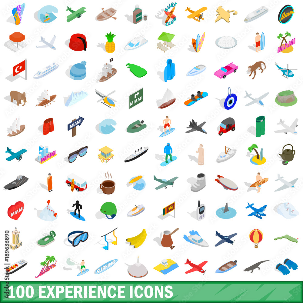 100 experience icons set, isometric 3d style