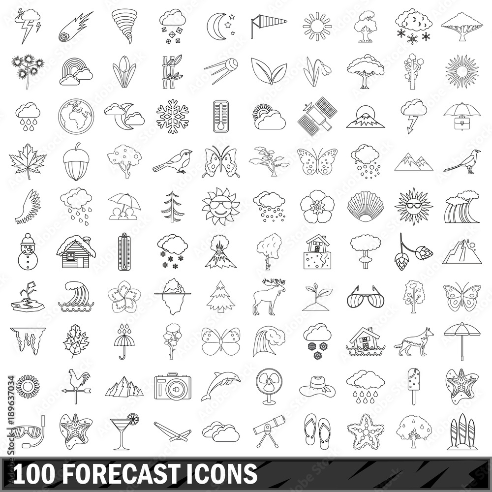 100 forecast icons set, outline style 100 forecast icons set, outline style