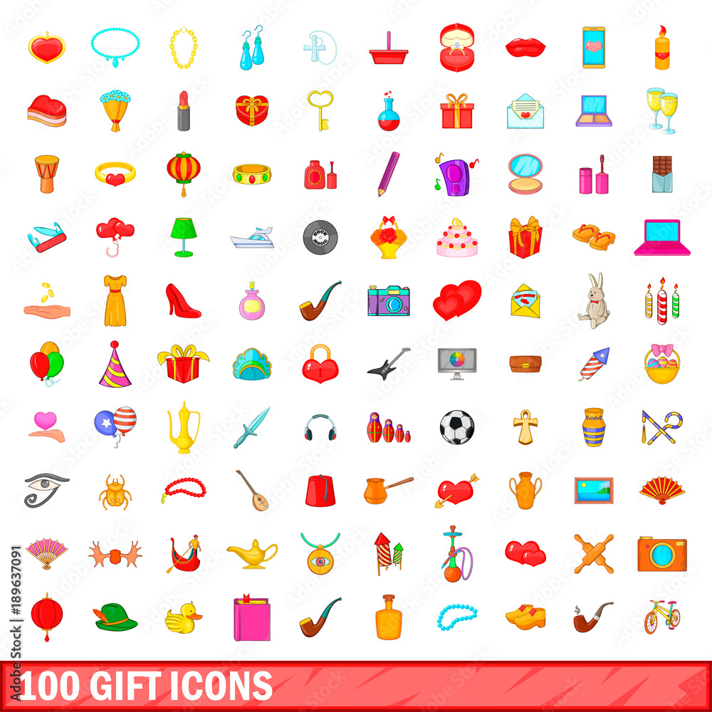 100 gift icons set, cartoon style 100 gift icons set, cartoon style