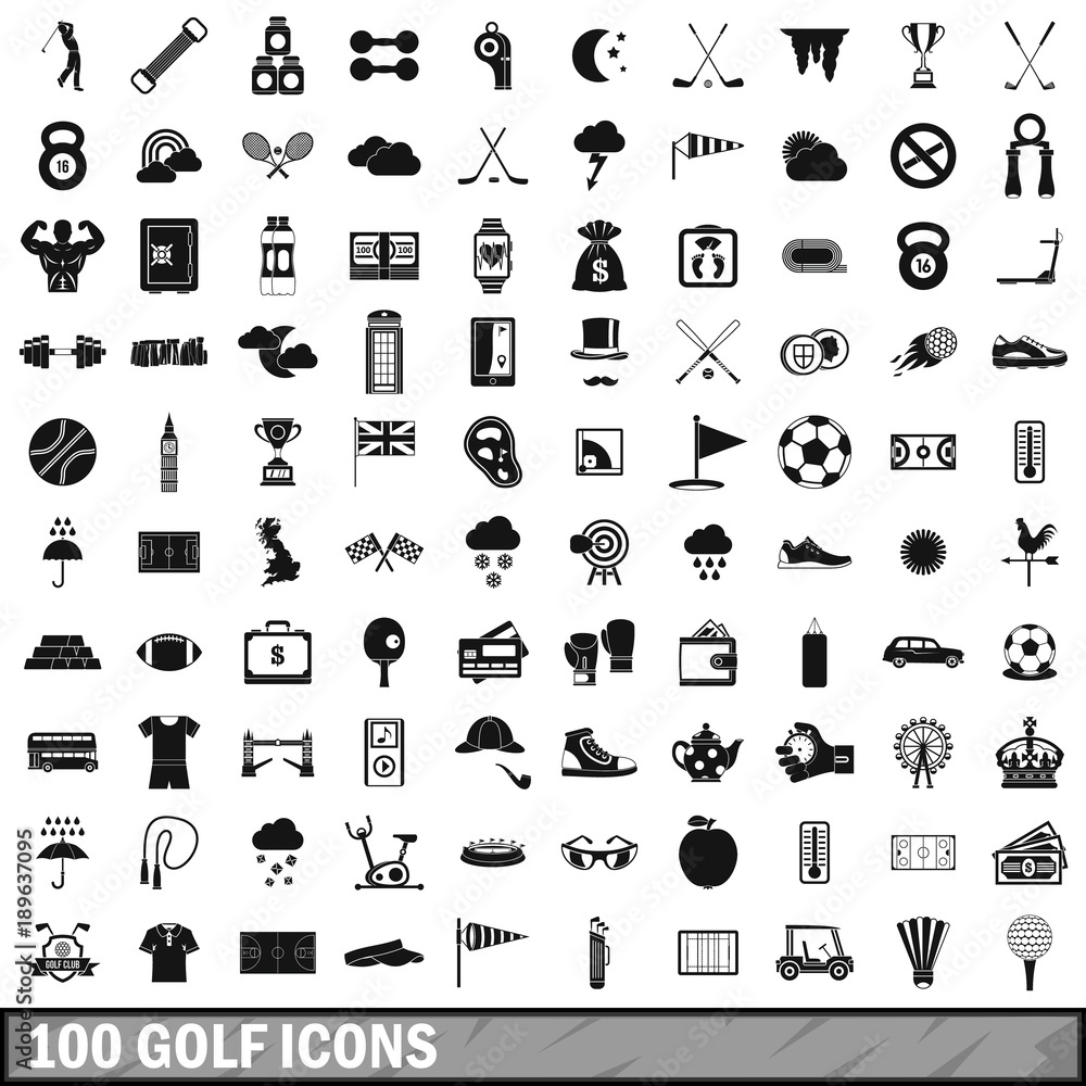 100 golf icons set, simple style 100 golf icons set, simple style