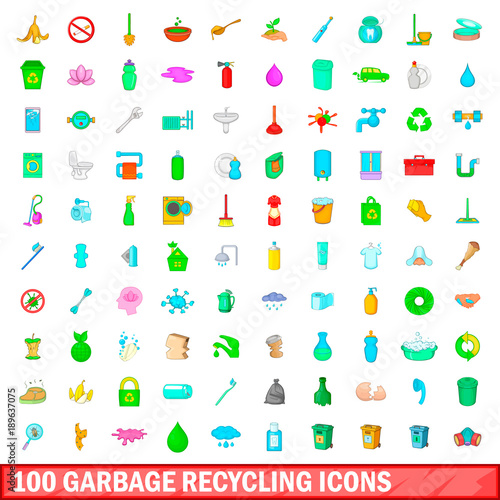 100 garbage recycling icons set, cartoon style