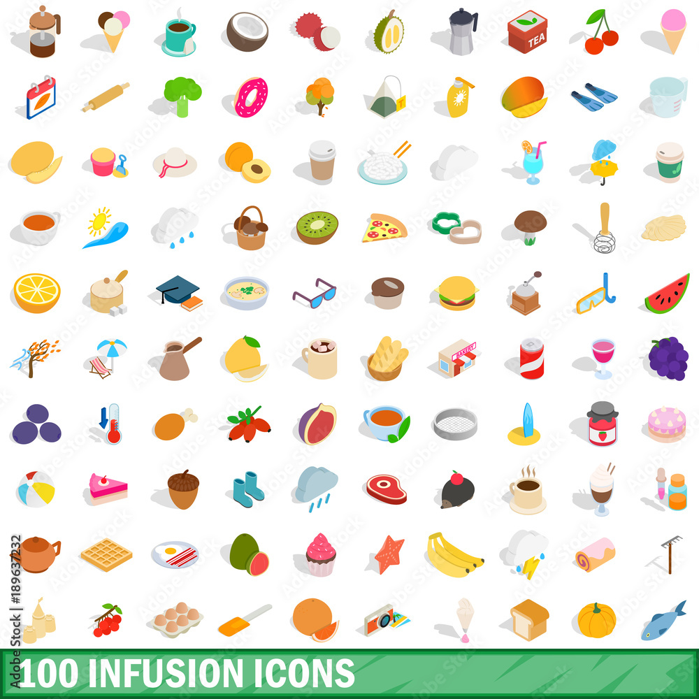 100 infusion icons set, isometric 3d style