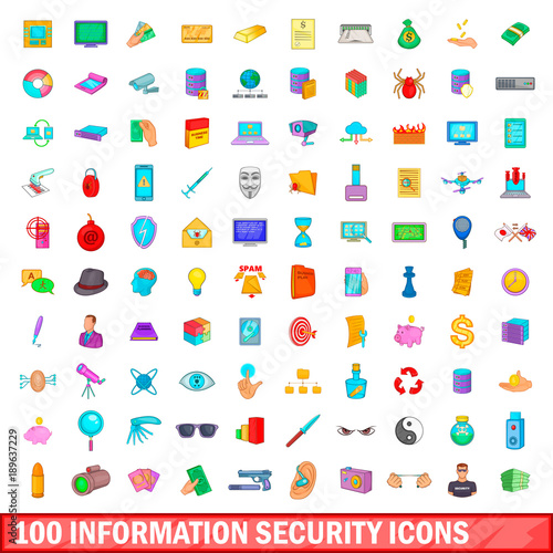 100 information security icons set, cartoon style