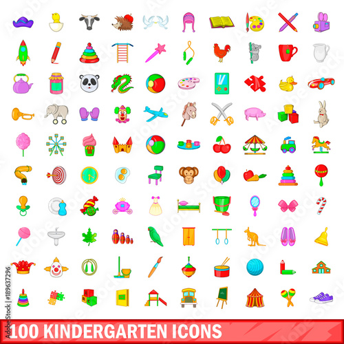 100 kindergarten icons set  cartoon style