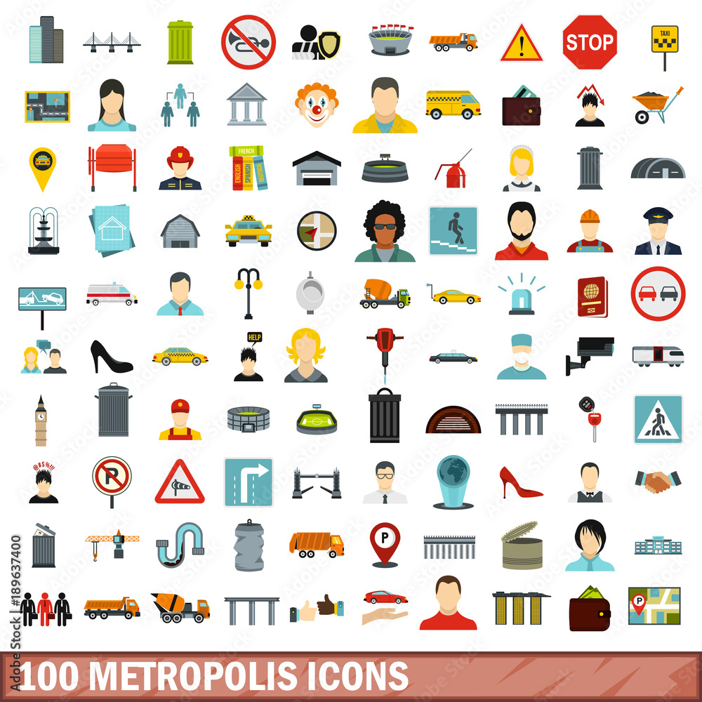 100 metropolis icons set, flat style 100 metropolis icons set, flat style