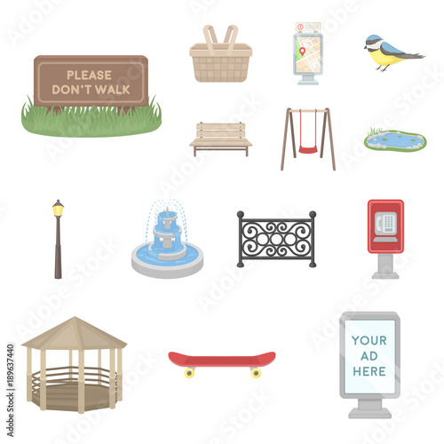 Park, equipment cartoon icons in set collection for design. Walking and rest vector symbol stock web illustration.