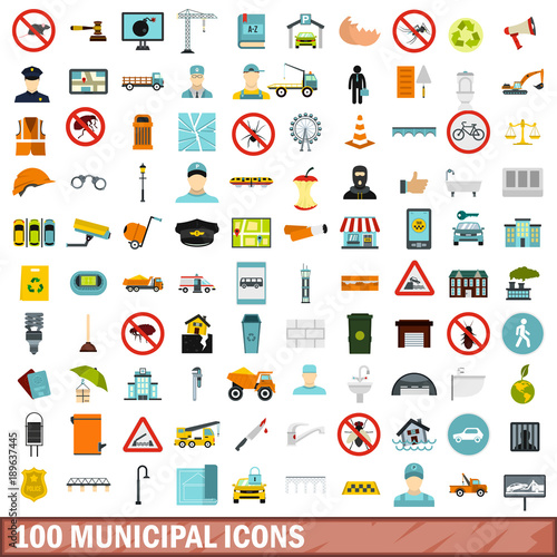 100 municipal icons set, flat style photo